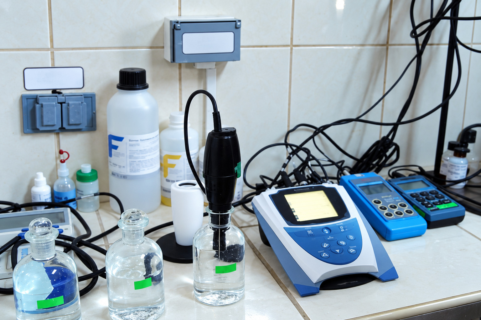 Instrumentos y recipientes para análisis del agua en laboratorio. Imagen regenerada de referencia.