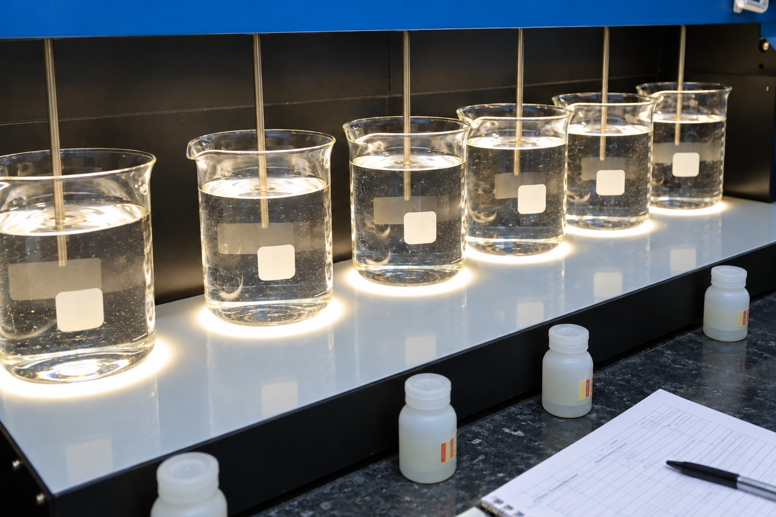 Equipo de pruebas de agua con vasos de ensayo. Imagen regenerada de referencia.